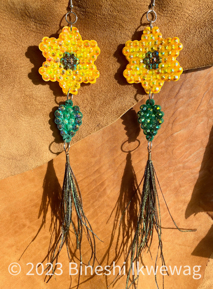 Yellow Daisy Earrings with Feathers