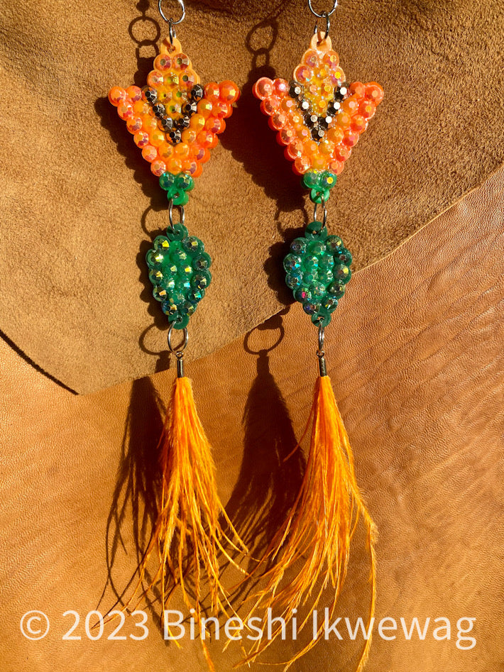 Orange Lily Earrings with Feathers