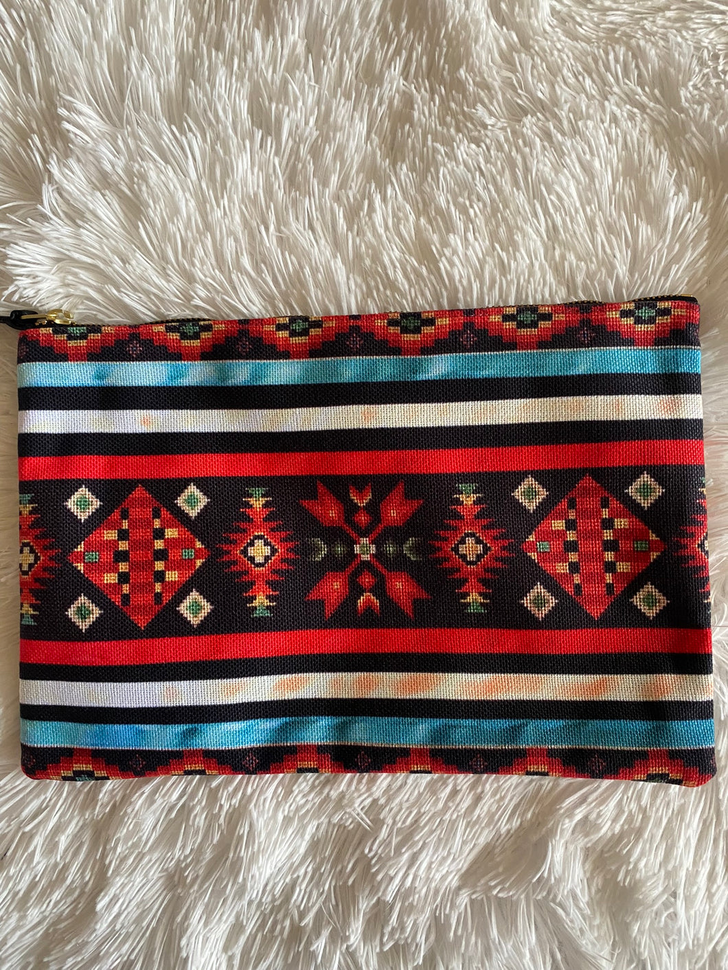 Zip Pouch Large Turquoise & Red Geometric